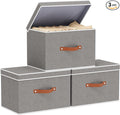 Collapsible Storage Bins with Lids, Linen Foldable Cloth Baskets, 17.7 x 11.8 x 11.8 Inch Closet Organizer Containers with Double Handles, Sweater Boxes for Bedroom, Grey, 3 Pack