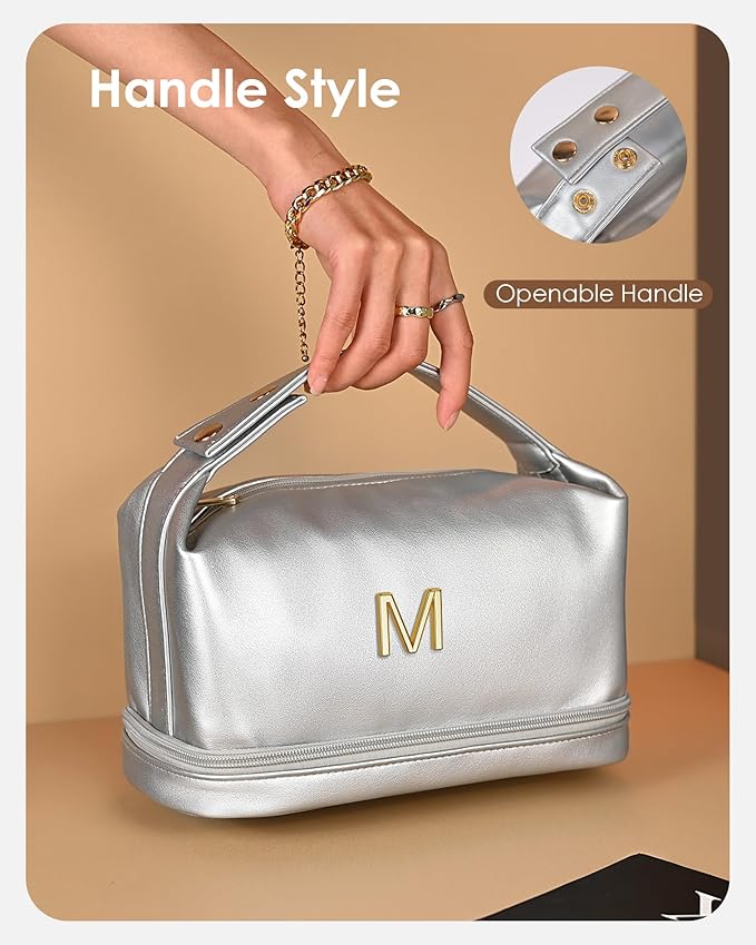 Gifts for Women, Personalized Makeup Bag Organizer with Handle, Initial Double Layer Cosmetic Bag with Makeup Brush Organizer, Cute Cosmetic Pouch for Women, Gifts for College Girls