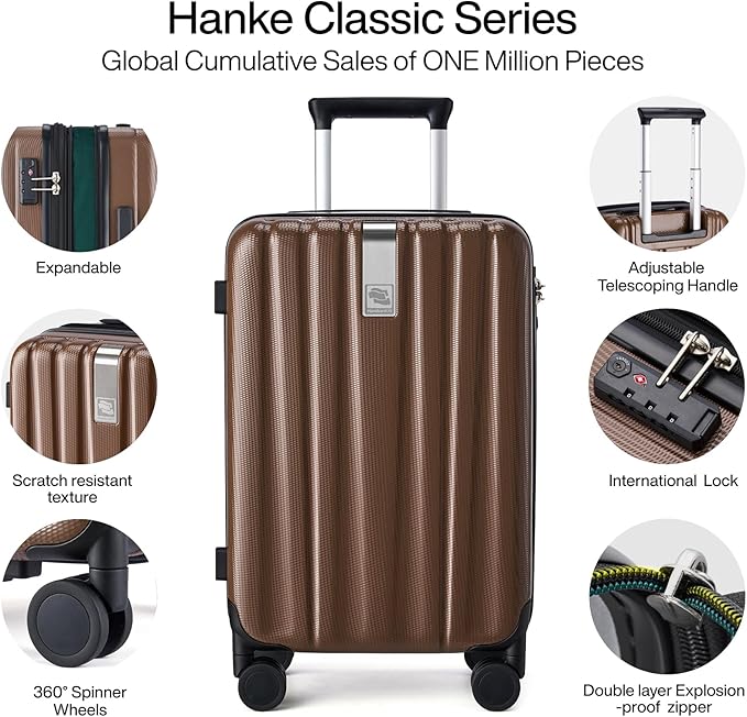 Hanke Expandable Hardshell Luggage Sets 3 piece Carry On Luggage with Wheels Suitcases Lightweight Checked Tsa Luggage Rolling Large Suitcase Travel Luggage Bag Woman Men 20/24/29 Inch(Brown)