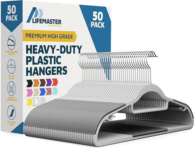 Lifemaster Plastic Clothes Hanger Set - 50 Pieces Versatile, Lightweight, Space-Saving, Non-Slip, Slim Designed, Dry and Wet Clothes Hanger Set with 360° Swivel Hook and Rubber Coating - Gray