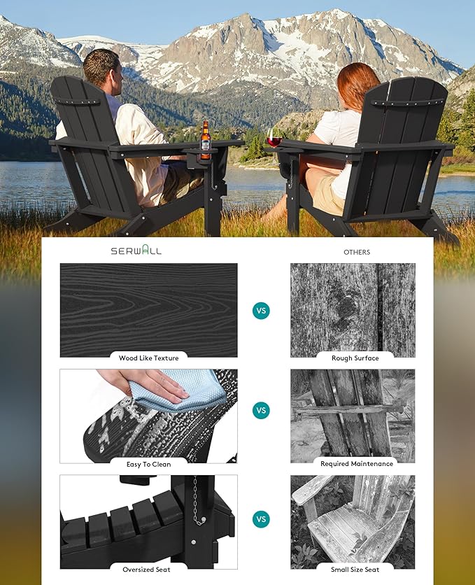 SERWALL HDPE Folding Adirondack Chair with Dual Cup Holder - Composite Adirondack Chair Set of 2- Black