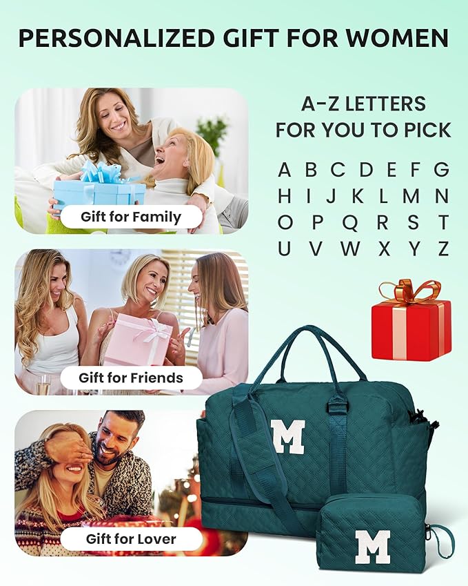 Womens Birthday Gift, Birthday Gift-Initial Travel Bag with Shoe Compartment, Personalized Weekender Bag, Monogram Overnight Bag for Women, Kids Duffel Bag with Makeup Bag (Letter Q)