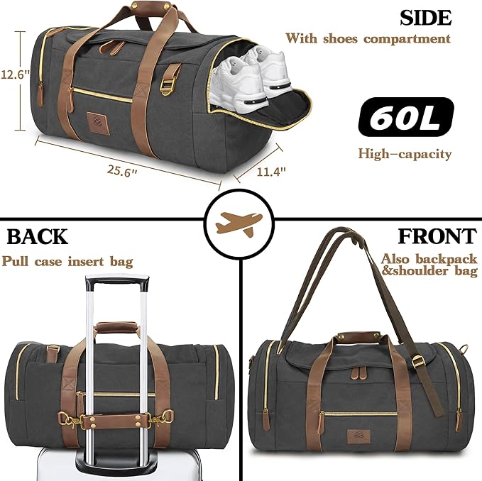 60L Travel Bags for Men, Nomad Canvas Duffle Bag Vintage Genuine Leather Travel Duffel Bag Multifunctional Weekender Overnight Backpack with Shoes Compartment (Black, X Large-60L)