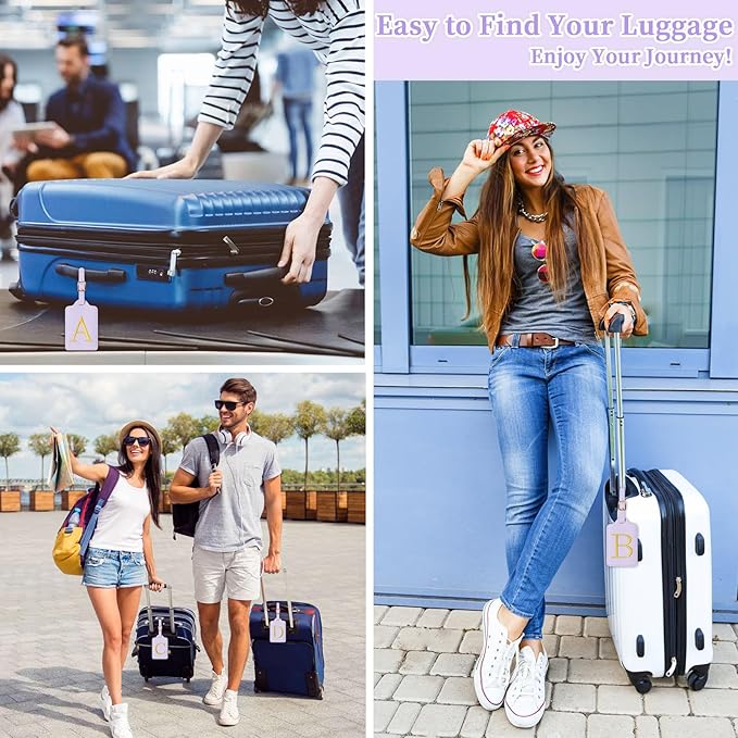 Personalized Initial Luggage Tags for Suitcase, Purple Leather Cute Luggage Tags with Privacy Cover Name Card, Embroidered Custom Monogrammed Luggage Tag Travel Backpack Tags Gifts for Women Kids(C)