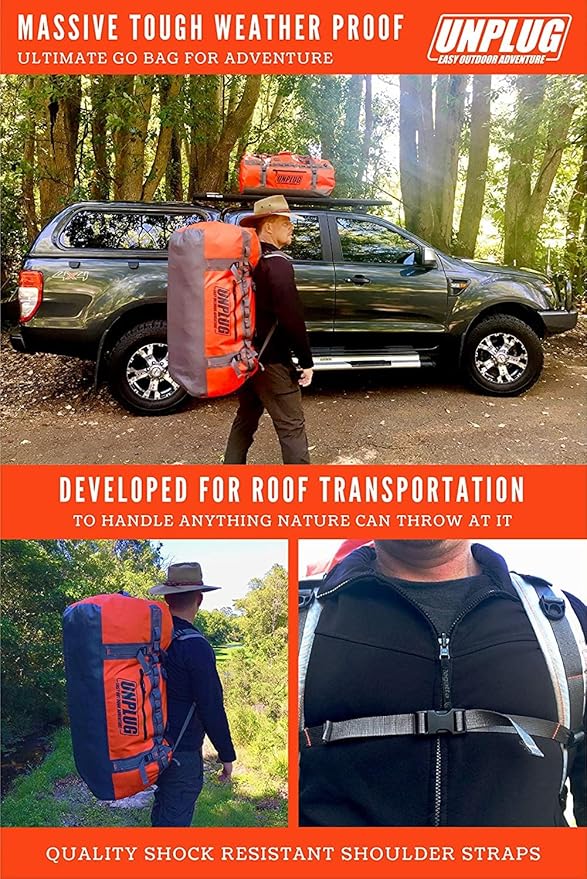 UNPLUG Ultimate Adventure Bag | 1680D Heavy Duty Waterproof Bag | Large Travel Duffle Bag which can be Used for Camping, Motorcycling, Boating, or Hunting (155L Adventure Orange)
