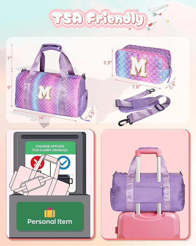 Valentines Day Gifts for Her-Girl Gym Bag with Shoe Compartment, Kid Personalized Weekender Overnight Bags, Initial Travel Tote with Makeup Pouch, Girls Kids Easter Gift (Letter V)