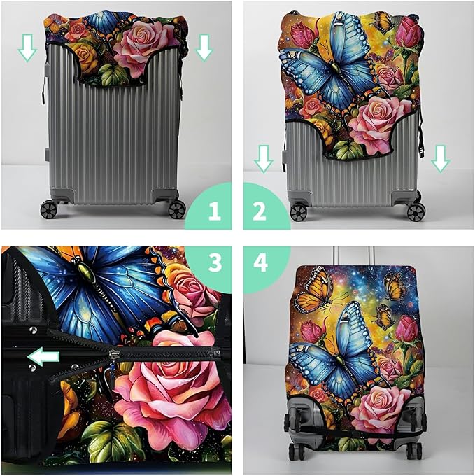 Suitcase Protector Plus 1 Luggage Tag, Colorful Rose Butterfly Travel Cover for 26-28 inch Luggage with Concealed Zipper Washable Elastic Cloth Dustproof Anti-Scratch