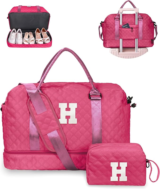Ladies Gifts for Women, Birthday Gift-Initial Travel Bag with Shoe Compartment, Personalized Weekender Bag, Monogram Overnight Bag for Women, Letter Travel Bag with Makeup Bag (Letter H)