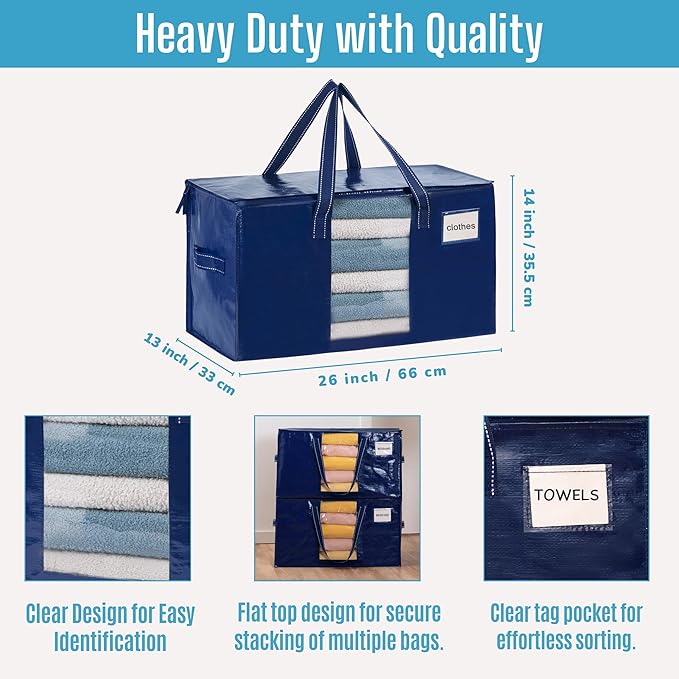 VENO 8 Pack Moving Bags, Comforter and Blanket Storage Bags for Closet, Moving Boxes, Boxes with Lids Alternative, College Dorm Packing Supplies, Foldable Heavy-Duty Tote with Window (Blue, 8 Pack)