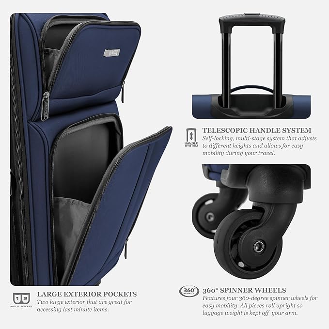U.S. Traveler Anzio Softside Expandable Spinner Luggage, Navy, 3-Piece Set (22/26/30)