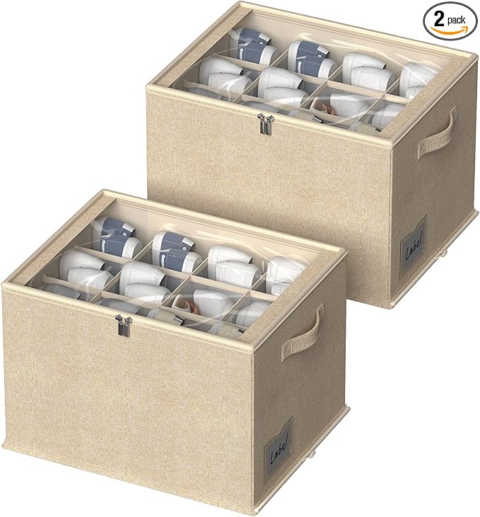 2 Pack Shoe Organizer for Closet - Shoe Storage Bins with Clear Cover, Fabric Shoe Storage Containers with Reinforced Handles, Fits up to 24 Pairs (Beige, 16.5 * 12.6 * 12.2in)
