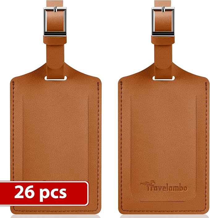 Travelambo Luggage Tags for Suitcases Faux Leather Privacy Protection 26 Pack Bag Tags Travel Accessories Essential, Yellowish Brown