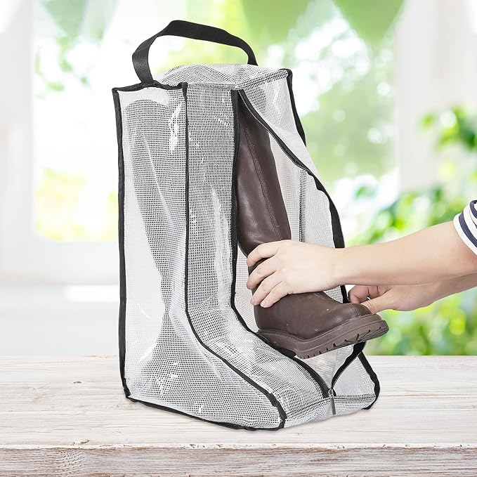 Boot Storage Bags [2PCS] - Plastic Tall Boot Carry Bags Clear Shoe Bags with Handle for Travel & Daily Use - [Black] Waterproof & DustProof Boot Bags for Cowboy Boots