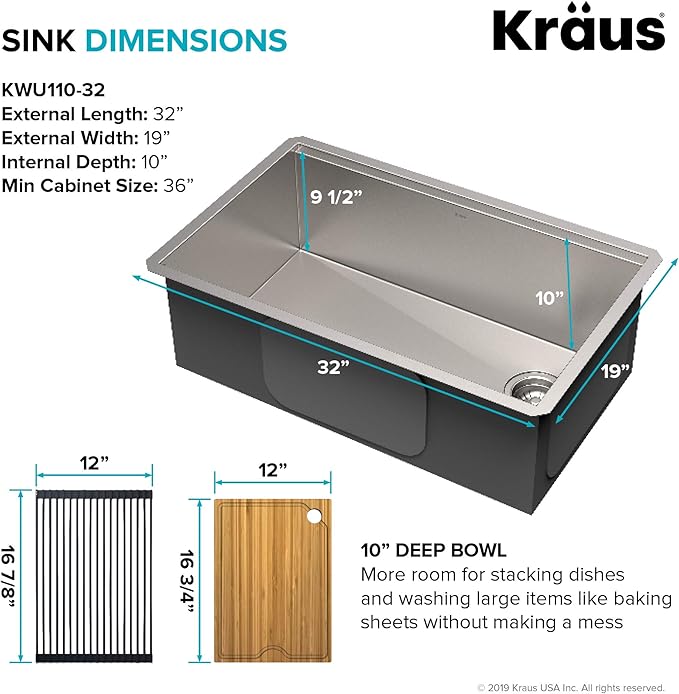 Kraus KWU110-32-100-100MB, Kore Workstation 32-inch Undermount 16 Gauge Single Bowl Stainless Steel Kitchen Sink with WasteGuard 1 HP Continuous Feed Garbage Disposal