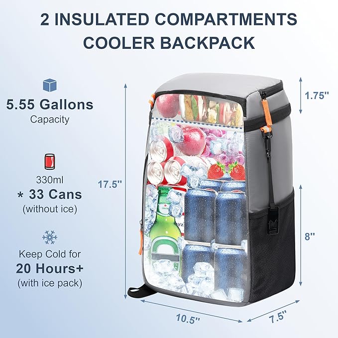 SPARTER Backpack Cooler Insulated Leak Proof 33/49 Cans, 2 Insulated Compartments Thermal Bag, Portable Lightweight Beach Travel Camping Lunch Backpack for Men and Women