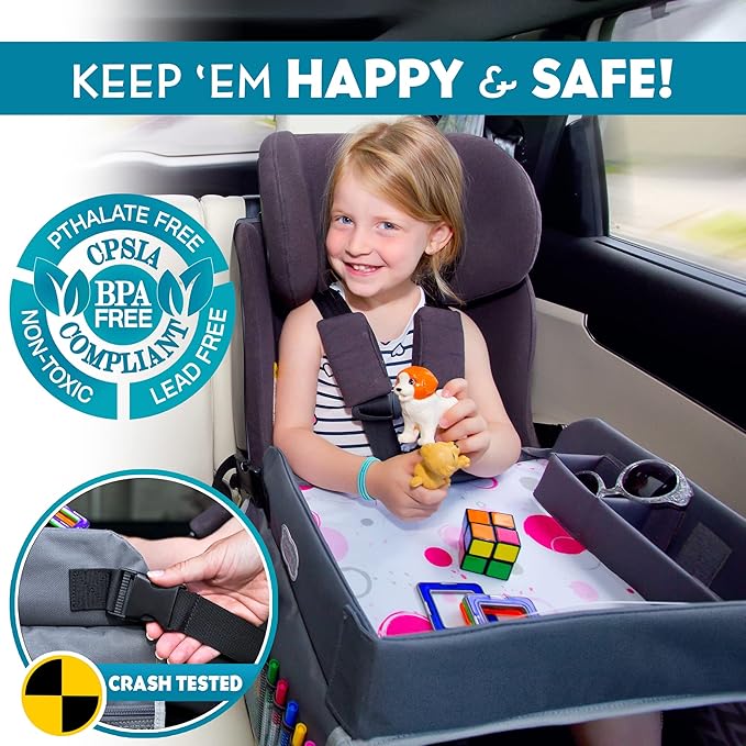 Kenley Kids Travel Tray, Toddler Car Seat Lap Tray, Road Trip Essentials Activity Table (Blue/Gray)