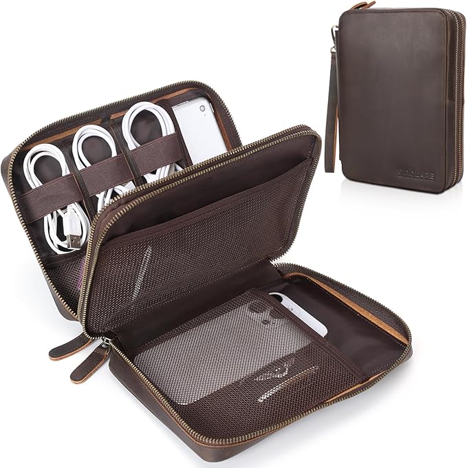 Polare Full Grain Leather Travel Cable Organizer Case Double Layer Electronics Accessories Carry Bag with YKK Zippers Tech Storage Bag for Cables, Power Bank, USB, SD Card