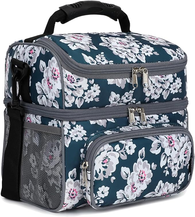 FlowFly Double Layer Cooler Insulated Lunch Bag Adult Lunch Box Large Tote Bag for Men, Women, With Adjustable Strap,Front Pocket and Dual Large Mesh Side Pockets