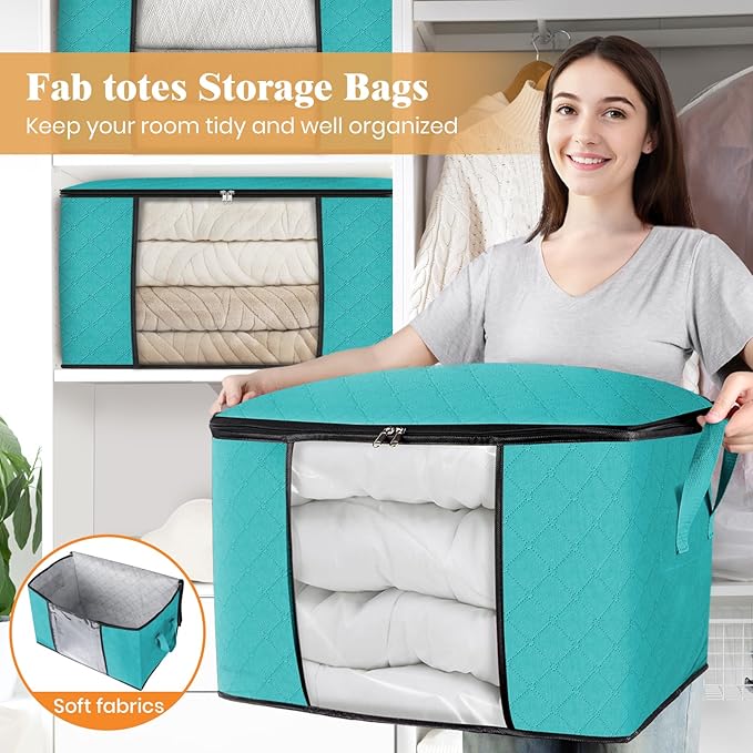 Fab totes 24 Gallons Clothes Storage, Foldable Thick Fabric Blanket Storage Bags, Containers for Organizing Bedroom, Closet, Clothing, Comforter, Organization with Handle (10 Pack,Green)