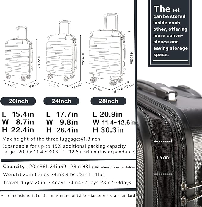 Coolife Luggage Expandable(only 28") Suitcase 3 Piece Set with TSA Lock Spinner 20in24in28in (blue)