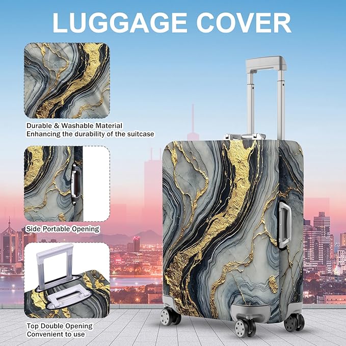 ANNA QUEEN Luxury Marble Gold Luggage Cover, Elegant Black & Grey Suitcase Protector with Faux Gold Vein Design, Stretchable, Washable Spandex Cover for 32-34 Inch Luggage