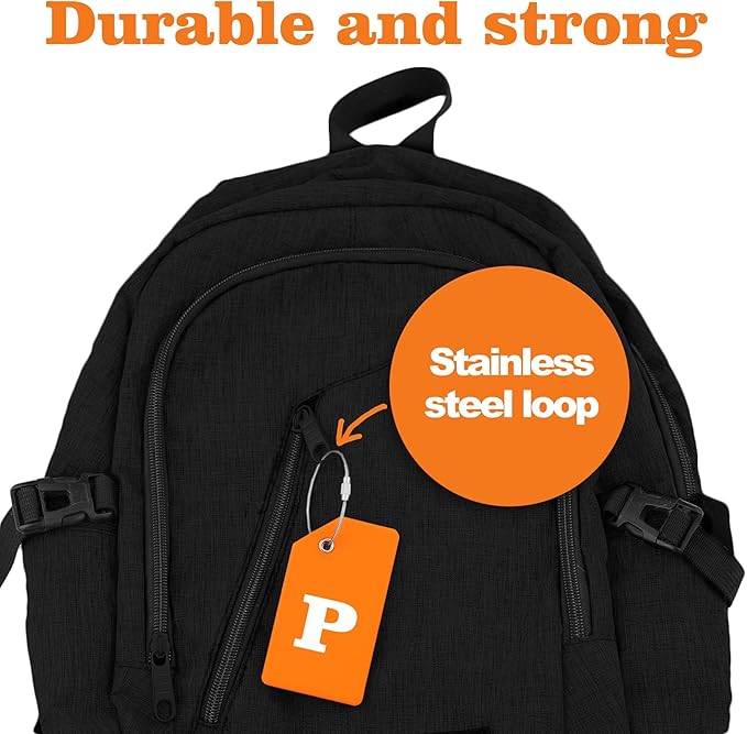 8 Pcs Luggage Tags for Suitcases, 26 Initial Letter Travel Luggage Baggage Identification Labels ID Tags Fully Bendable Tags with Stainless Steel Loop (Letter P, Orange)