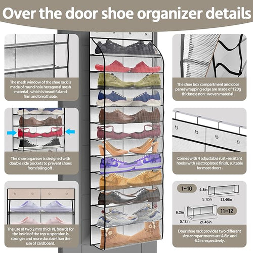 12 Pocket Over the Door Shoe Organizer,Reusable Breathable Large Mesh Bag Men's & Women's Sneaker Organizer,Shoe Organizer for Kids,Hanging Shoe Storage Hanging Bag (White)