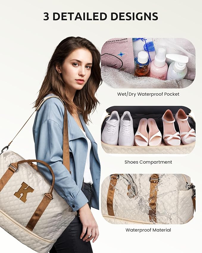 Gifts for Mom-Initial Duffle Bag with Shoe Compartment, Personalized Weekender Bag, Monogram Overnight Bag, Letter Travel Bag with Makeup Bag，Personalized Gifts Idea for Women Her (Letter F)