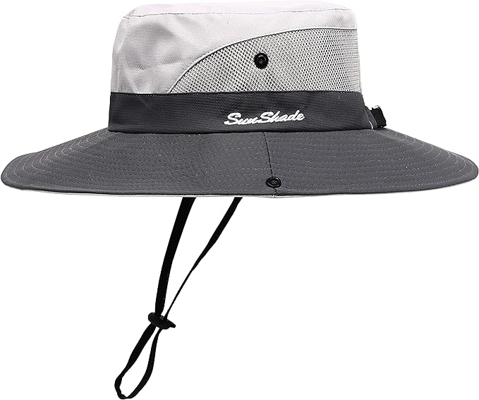 Womens Summer Sun Hat Beach Hat Wide Brim Outdoor UV Protection Hat Foldable Cool Mesh Ponytail Bucket Hat