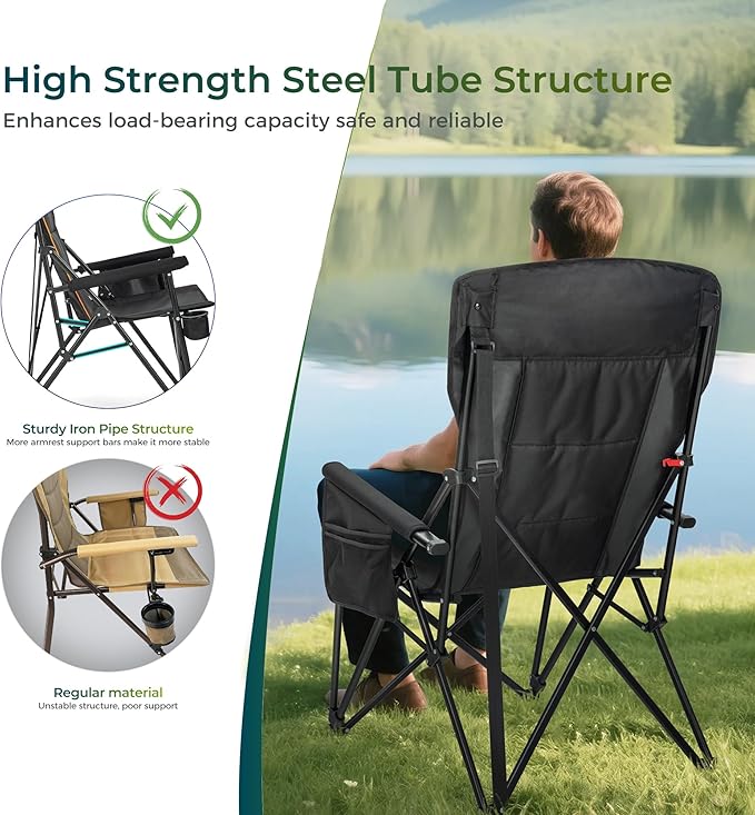 ALPHA CAMP Oversized Folding Camping Chairs for Adults High Backrest Heavy Duty Lawn Chairs Support 500 LBS Portable Camp Chairs with Cup Holders Large Side Pocket Outdoor Chair 2 Pack