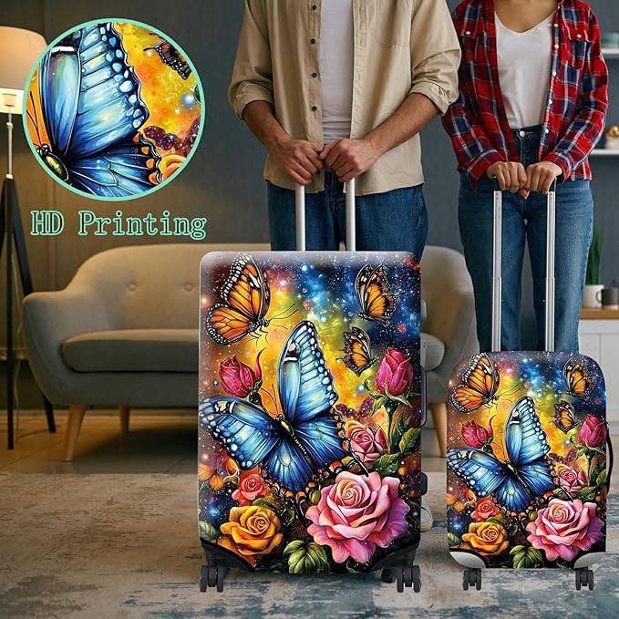 Suitcase Protector Plus 1 Luggage Tag, Colorful Rose Butterfly Travel Cover for 26-28 inch Luggage with Concealed Zipper Washable Elastic Cloth Dustproof Anti-Scratch