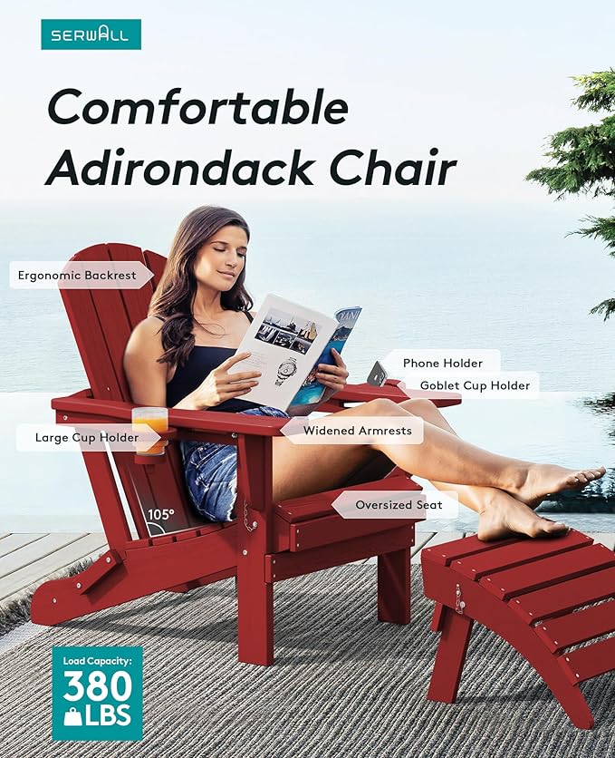 SERWALL Adirondack Chair with Cup Holders - Composite Adirondack Chairs Set of 8 HDPE Outdoor Chairs All Weather Use- Dark Red