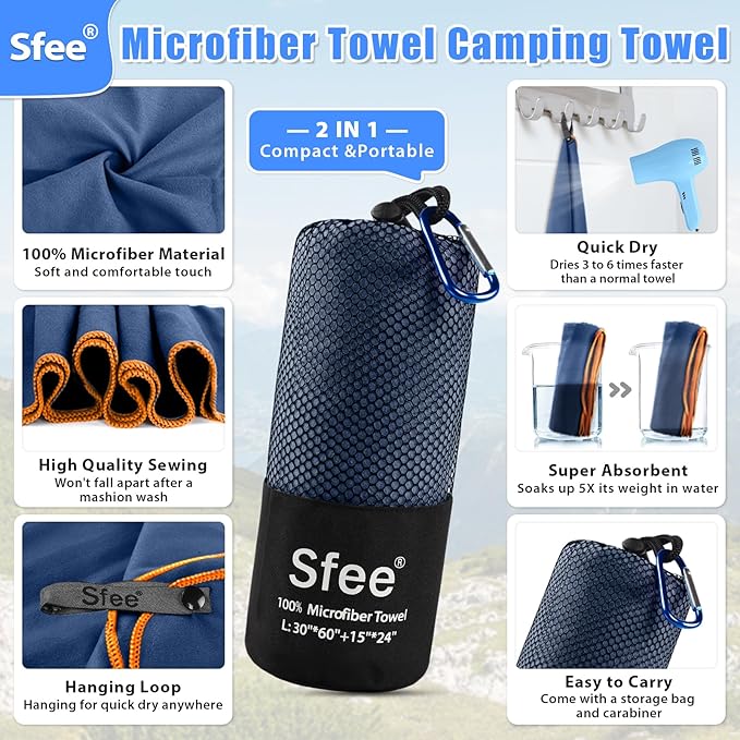 Sfee 2 Pack Microfiber Travel Towel, Quick Dry Towel Camping Towel Large Beach Towel Super Absorbent Compact Lightweight Sports Gym Towels for Beach, Gym, Hiking, Pool, Backpacking, Bath, Yoga