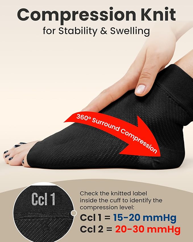 KEMFORD Ankle Compression Sleeve - Plantar Fasciitis Braces - Open Toe Compression Socks for Swelling, Sprain, Neuropathy, Foot Arch Support for Men and Women - 20-30mmhg, L, Black