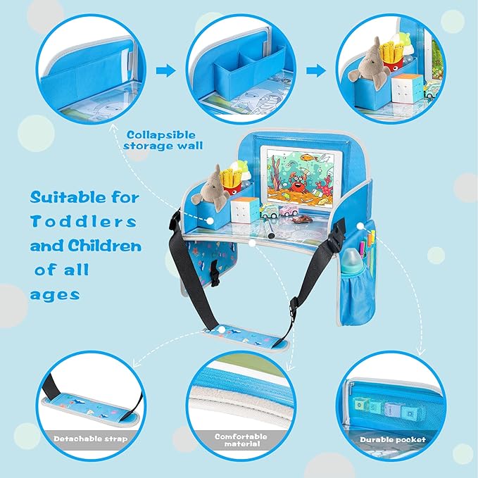 MENZOKE Kids Travel Tray, Car Seat Tray for Kids Travel, Toddler Essentials Girls with Tablet Holder, Road Trip Essentials with Cooler Cup Holder, Dry Erase Board & Storage Pocket for Airplane, Blue