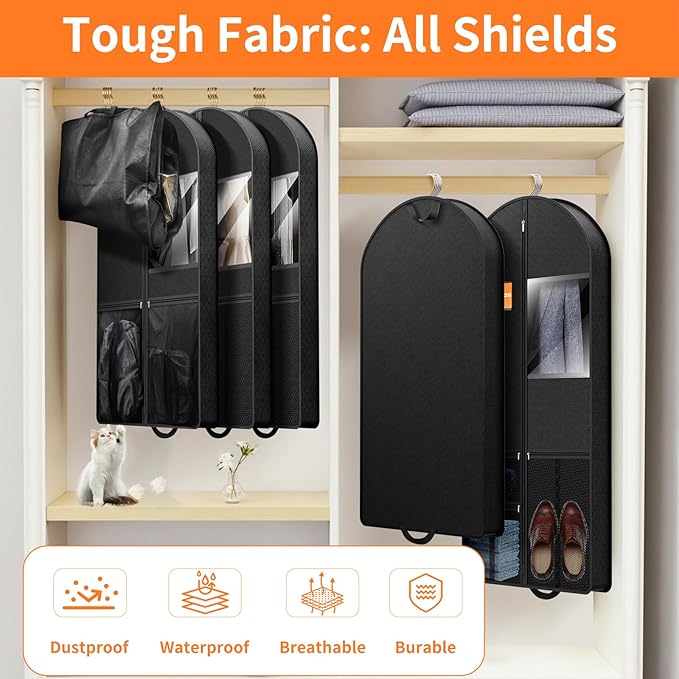 Travel Garment Bag Suits Clothes : 43 Inch 5 Packs Lightweight Breathable Zippered Black Fabric - Clothes Carry Short Men - Wardrobe Carry Coat Jacket Uniform Tuxedo Shirt