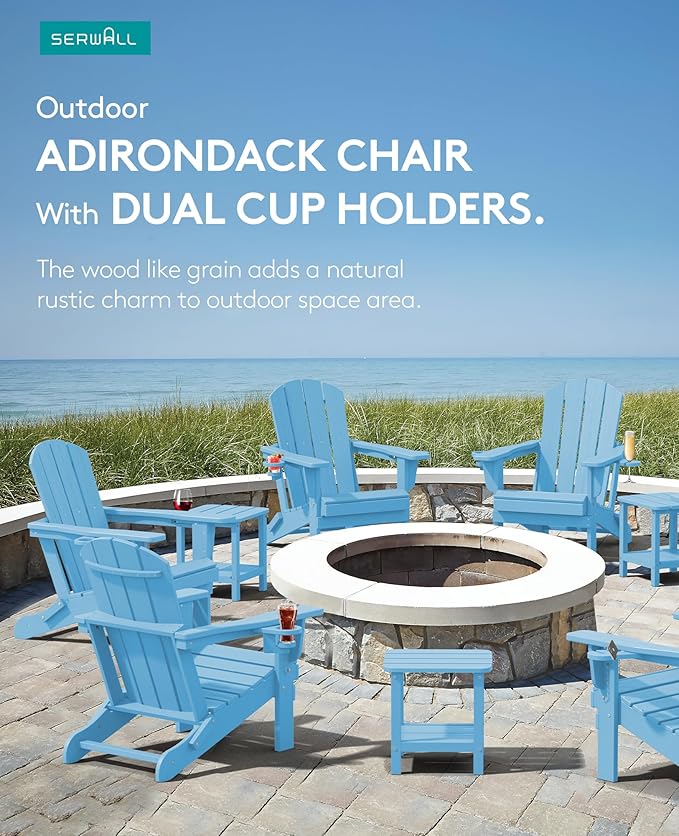 SERWALL Adirondack Chair with Cup Holders - Composite Adirondack Chairs Set of 6 HDPE Outdoor Chairs All Weather Use- Light Blue