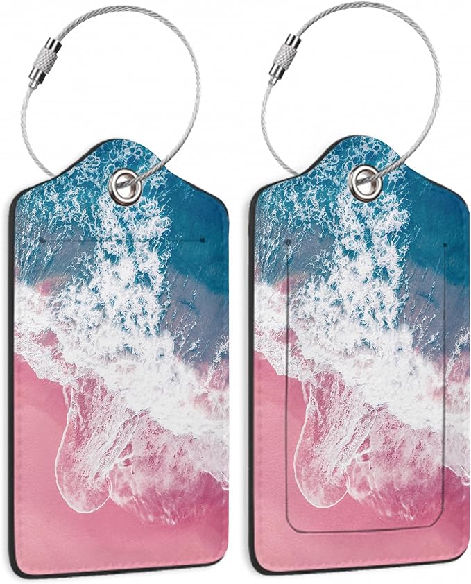 Luggage Tags for Suitcase,2 Pack Pink Beach Blue Ocean Luggage Tag PU Leather Privacy Cover ID Label with Stainless Steel Loop for Women Men Teens Travel