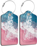 Luggage Tags for Suitcase,2 Pack Pink Beach Blue Ocean Luggage Tag PU Leather Privacy Cover ID Label with Stainless Steel Loop for Women Men Teens Travel