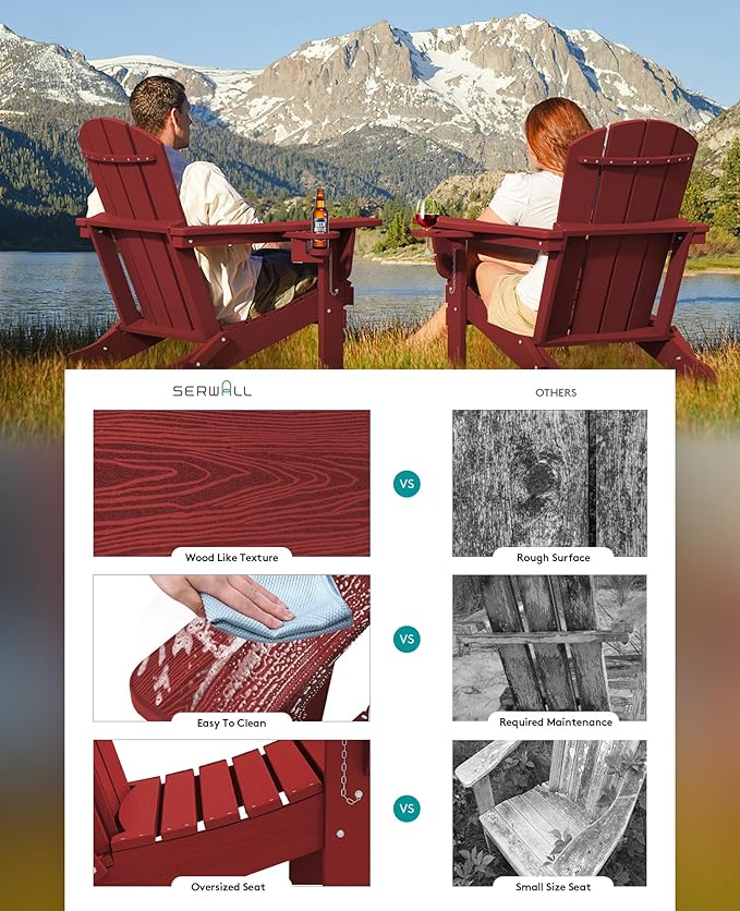 SERWALL Adirondack Chair with Cup Holders - Composite Adirondack Chairs Set of 4 HDPE Outdoor Chairs All Weather Use- Dark Red