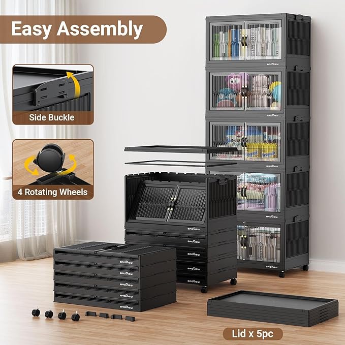 BROVIEW 500Qt Stackable Storage Bins with Lid, Extra Large Closet Organizer Collapsible Drawer Boxes with Wheels, Folding Plastic Cabinet Containers for Home Kitchen Room Organization, 5Pack Black