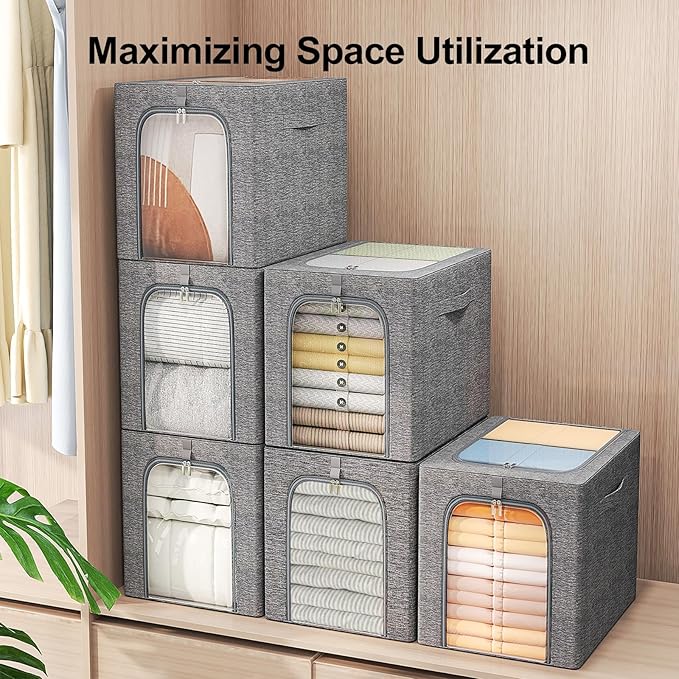 GoMaihe Clothes Storage Bins Metal Frame: 55L Extra Large Stackable Closet Storage Bin with Lid & Clear Window, Heavy Duty Blanket Box for Winter Coats Comforters (Fits Deep Closet 6-Pack)