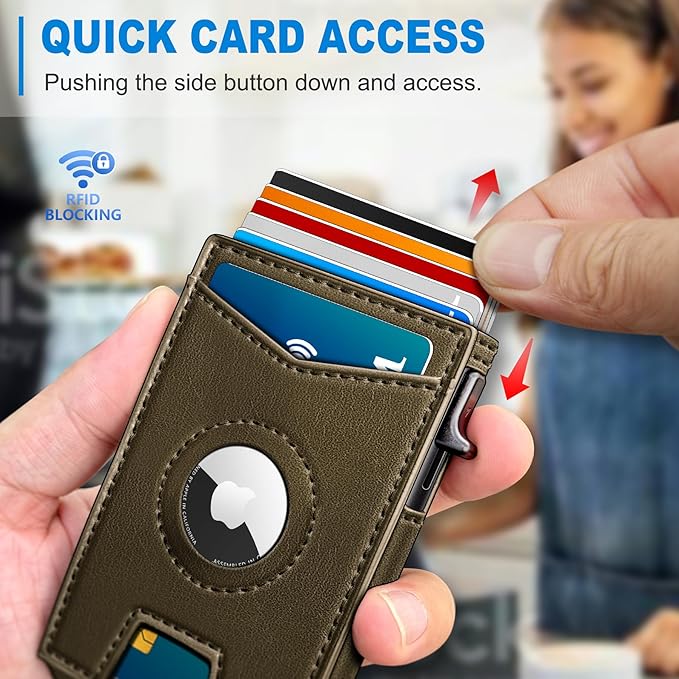 Airtag Wallet for Men,with Money Clip Gift Boxed,Slim Front Pocket Wallet RFID Blocking Metal Case Smart Pop-up Credit Card Holder in Magnetic Leather Flip