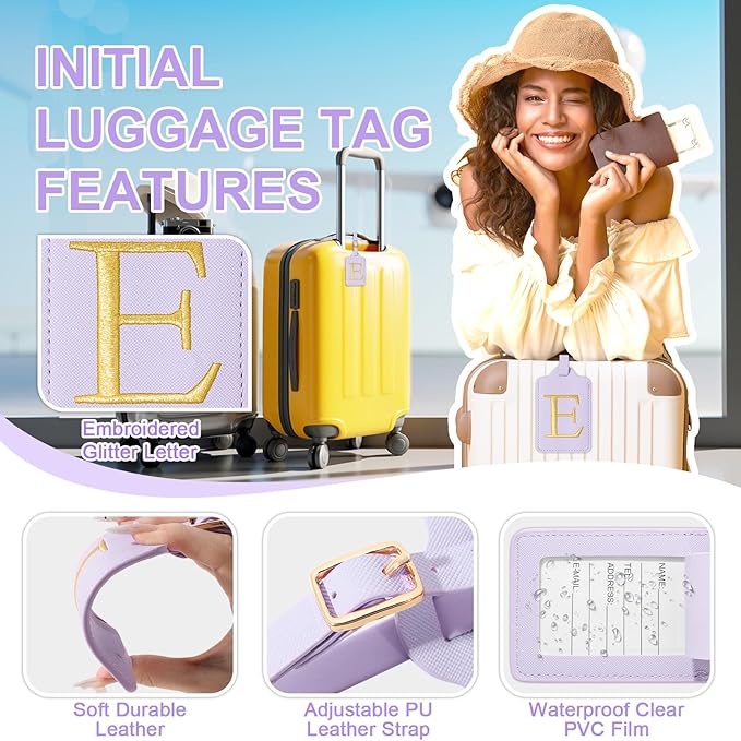 Personalized Initial Luggage Tags for Suitcase, Purple Leather Cute Luggage Tags with Privacy Cover Name Card, Embroidered Custom Monogrammed Luggage Tag Travel Backpack Tags Gifts for Women Kids(E)