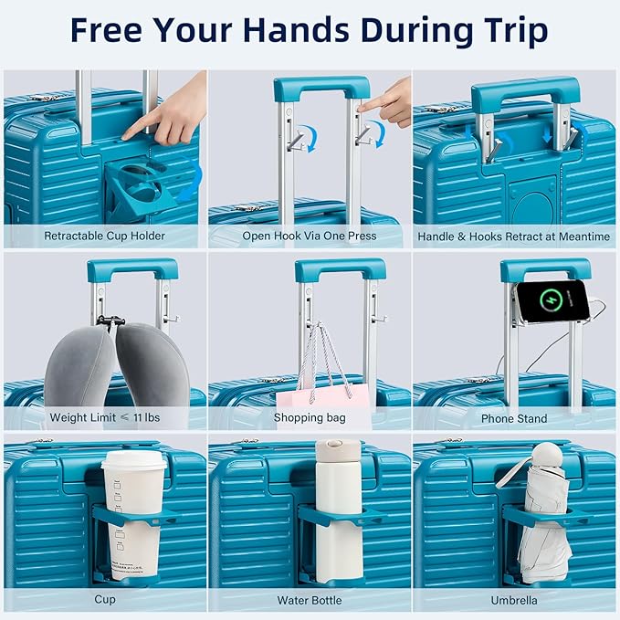 Hard Shell Suitcases 20 Inch Carry on Luggage Airline Approved with Wheels, Expandable Travel Luggage with Cup Holder Charger Built in Lightweight Small Suitcase, Caribbean Blue