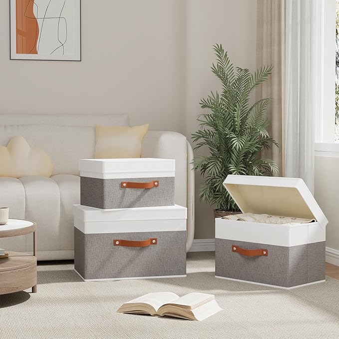 Fabric Storage Boxes with Lids, Linen Foldable Cloth Baskets, Closet Organizer Containers with Double Handles, Sweater Bins for Bedroom, White and Grey, 3 Pack, 13 x 9.1 x 7.9 Inch