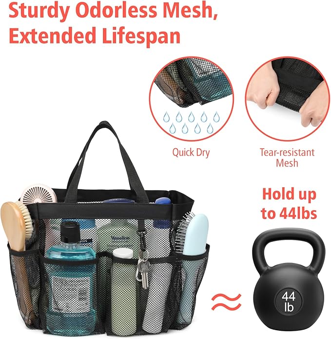 F-color Mesh Shower Caddy Portable, Upgrade Deeper 7 Pockets Shower Bag Basket Tote for College Dorm Room Bathroom Essentials Gym Camp Quick Dry 2 handles with S Hook, 2 Pack Black