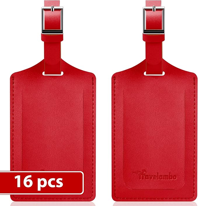 Travelambo Luggage Tags for Suitcases Faux Leather Privacy Protection 16 Pack Bag Tags Travel Accessories Essential, Deep Red