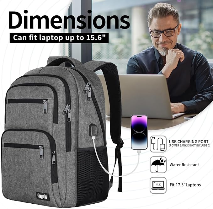 Travel Laptop Backpack, Business Carry on Backpack Flight Approved Backpack, Large Travel Work Backpacks for Men Women with USB Charger Port, Rucksack Bag, Mochila de viaje, Grey