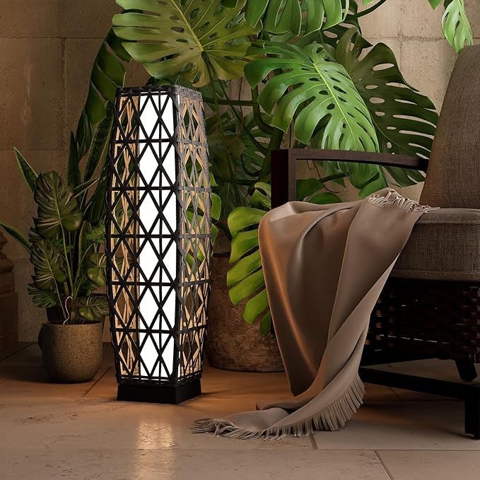Grand patio Outdoor Solar Powered Wicker Floor Lamp Outdoor Weather-Resistant Deck Light for Garden Porch - Silver Gray, Large Cindy